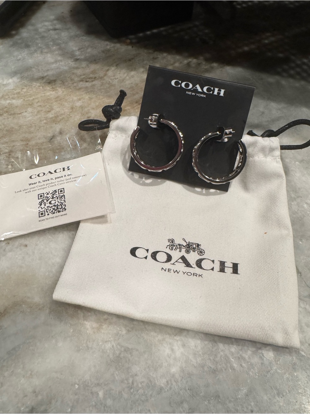 NWT COACH Silver Hoop Earrings with C Logo Throughout Comes with Coach Dusty - Picture 3 of 4